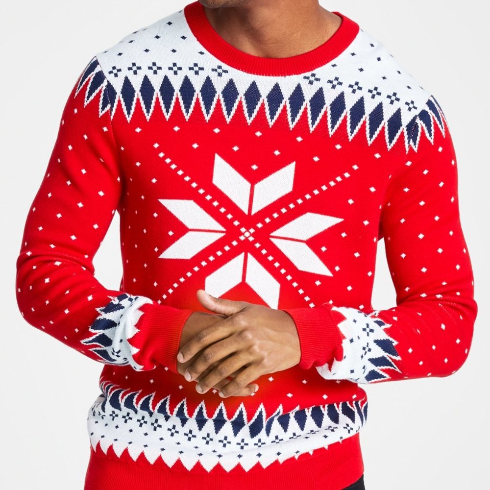 CHARTER CLUB Mens Red Patterned Crew Neck Cotton Blend Pullover Sweater …